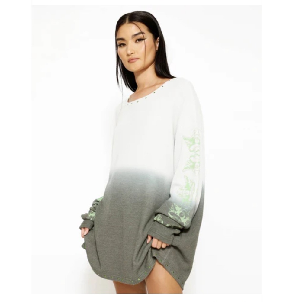 Boys Lie Ombre Waffle Knit Thermal Top Grey Green Rhinestone Oversized OSO